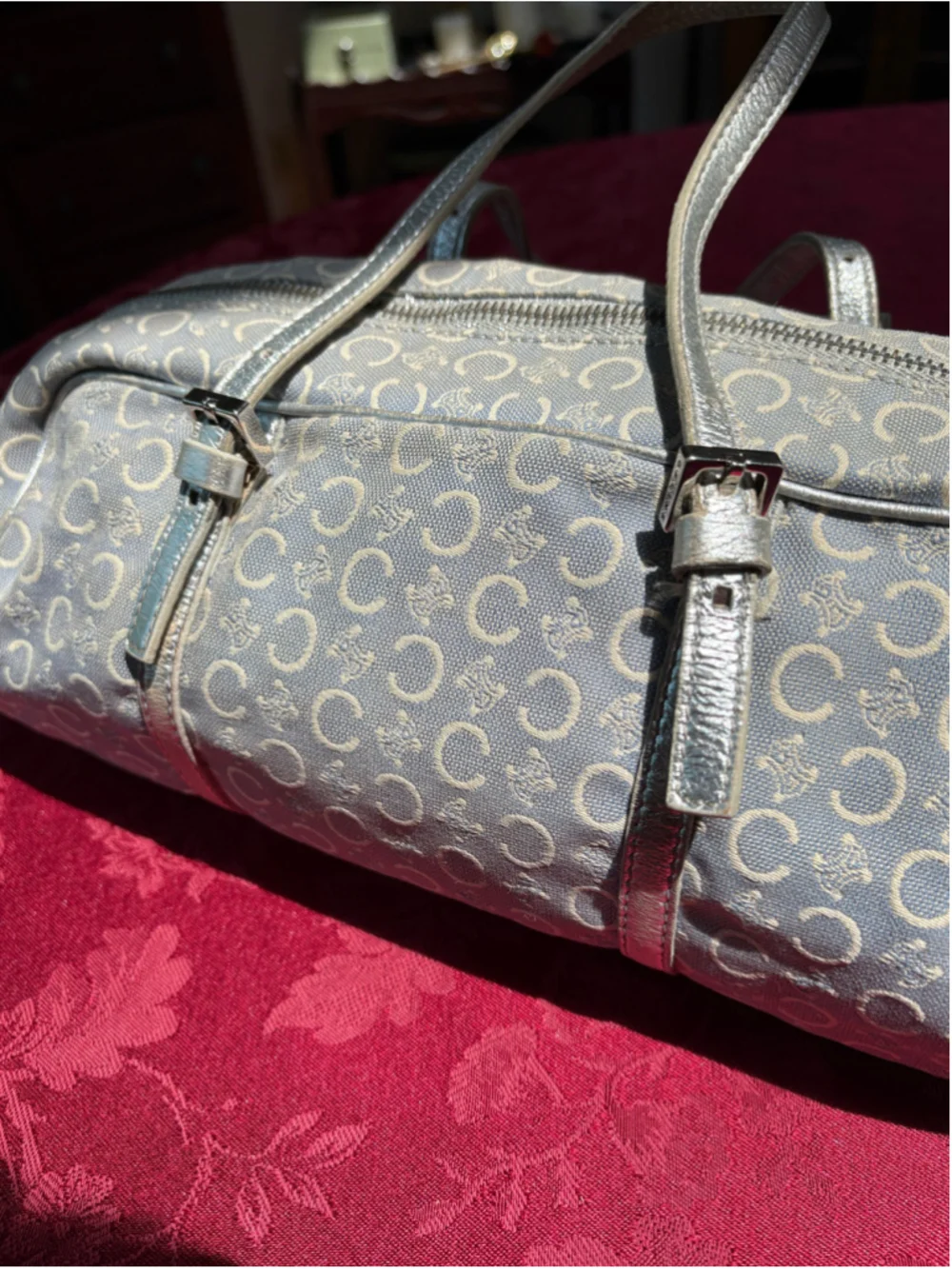 Celine Grey Canvas & Silver Leather Satchel Bag